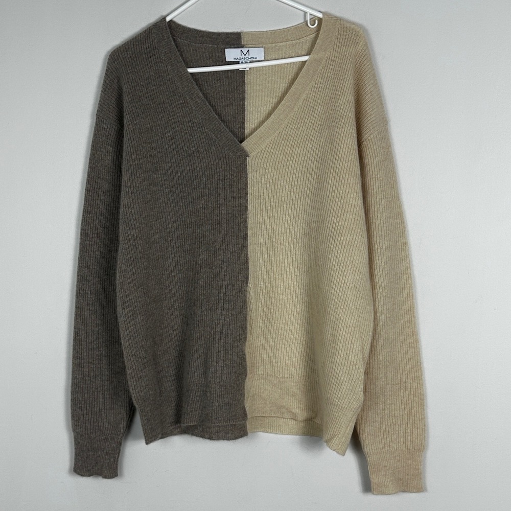 Magaschoni 100% Cashmere V-Neck Colorblock Sweater Knit Womens Sz XL Grey Beige